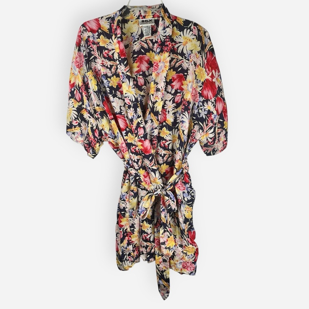 Vintage Silx August Silk Floral Blue Kimono Robe Medium Tie Belt Flowers Short